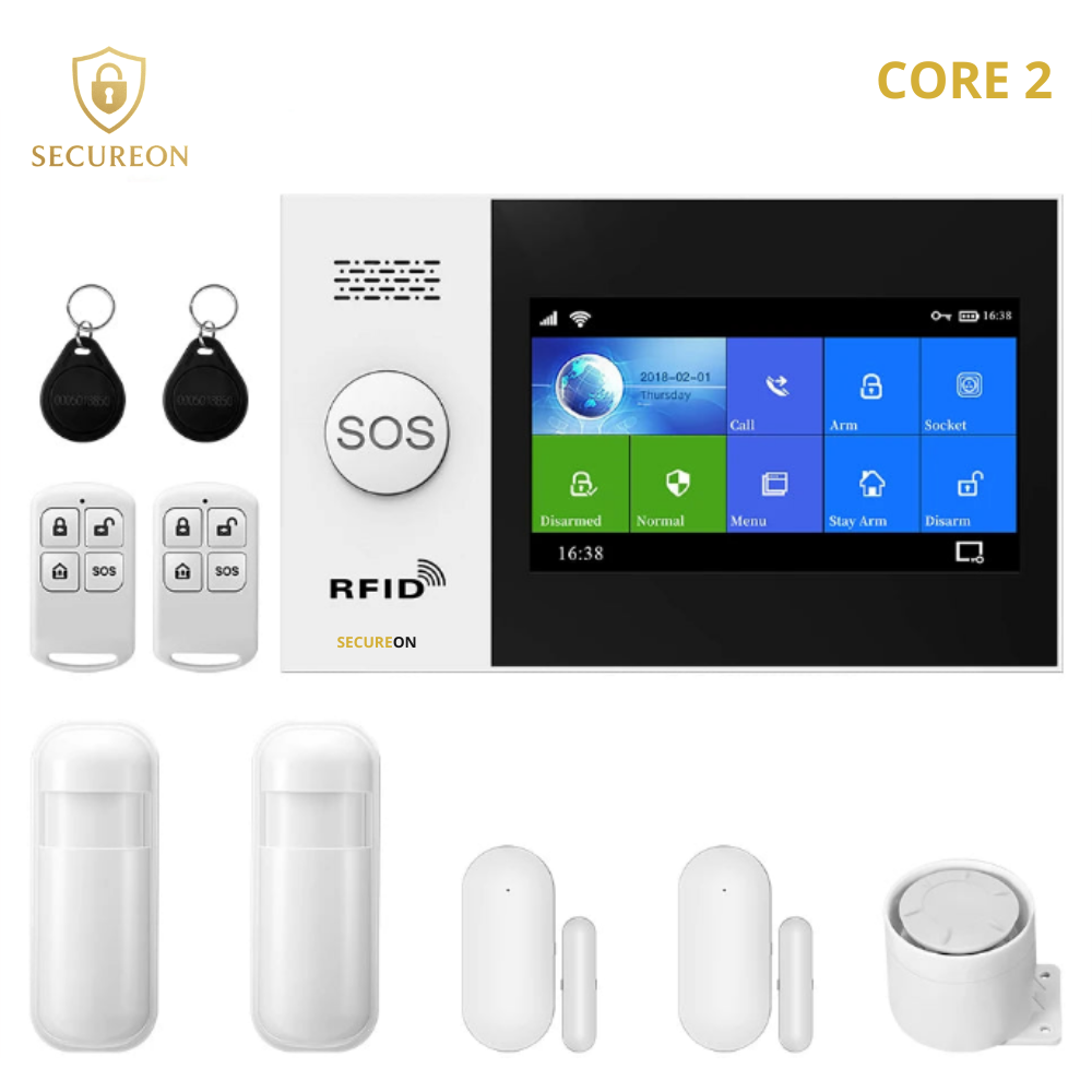 SECUREON CORE I Alarma inteligente con pantalla de 4.3 pulgadas, WIFI, GSM, seguridad para el hogar con sensor de movimiento PIR.