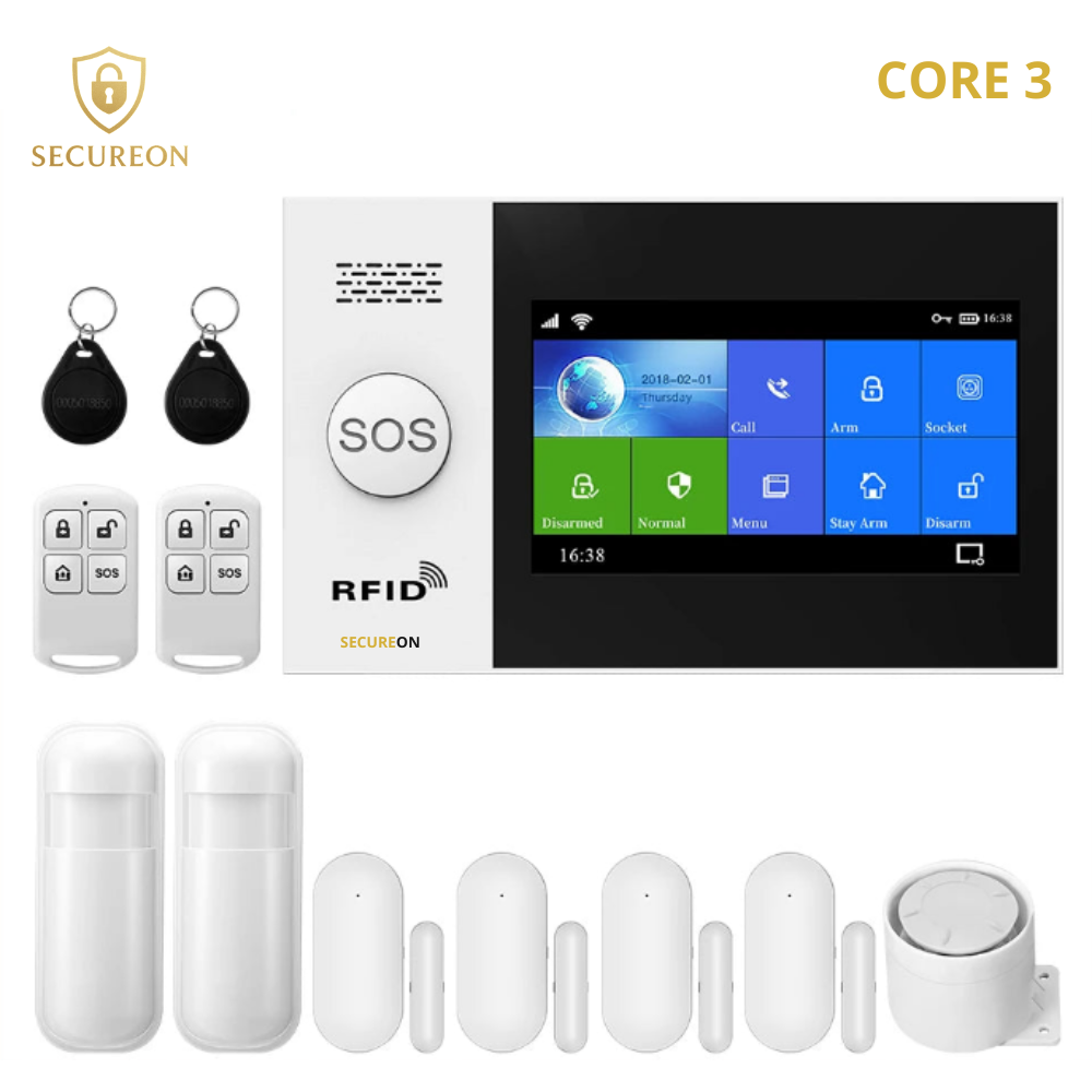 SECUREON CORE I Alarma inteligente con pantalla de 4.3 pulgadas, WIFI, GSM, seguridad para el hogar con sensor de movimiento PIR.