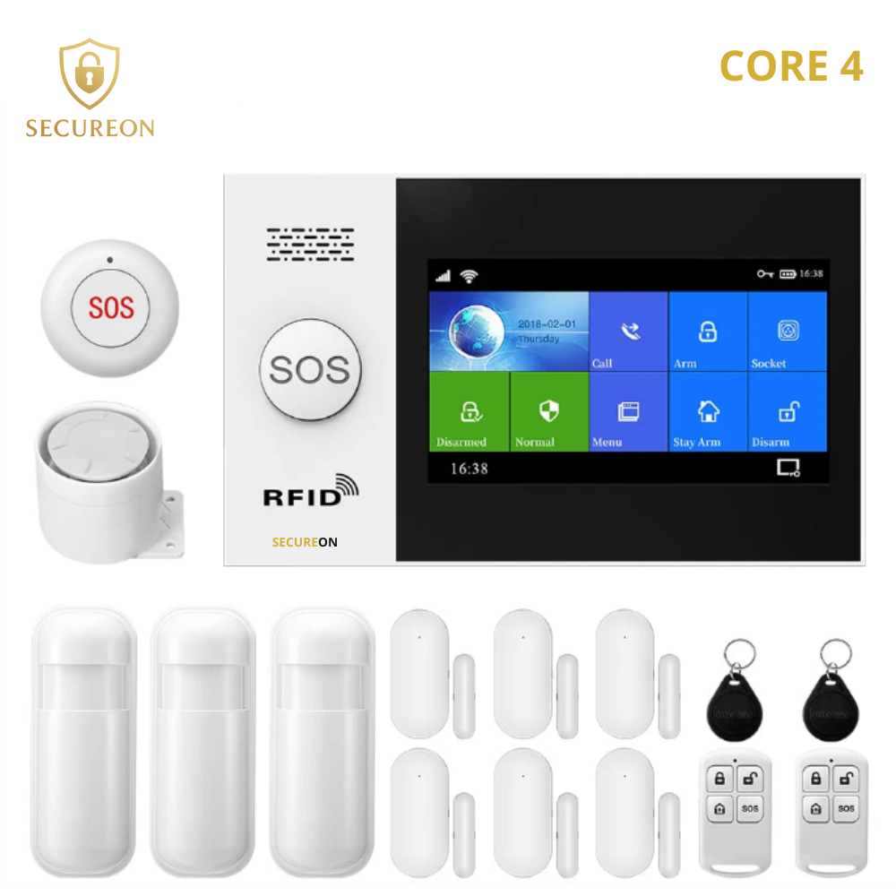 SECUREON CORE I Alarma inteligente con pantalla de 4.3 pulgadas, WIFI, GSM, seguridad para el hogar con sensor de movimiento PIR.