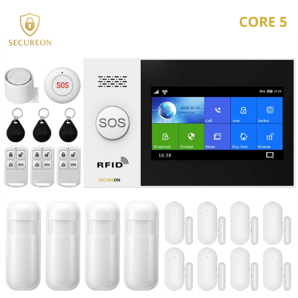 SECUREON CORE I Alarma inteligente con pantalla de 4.3 pulgadas, WIFI, GSM, seguridad para el hogar con sensor de movimiento PIR.