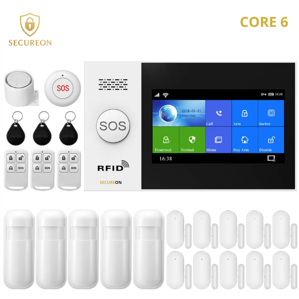 SECUREON CORE I Alarma inteligente con pantalla de 4.3 pulgadas, WIFI, GSM, seguridad para el hogar con sensor de movimiento PIR.