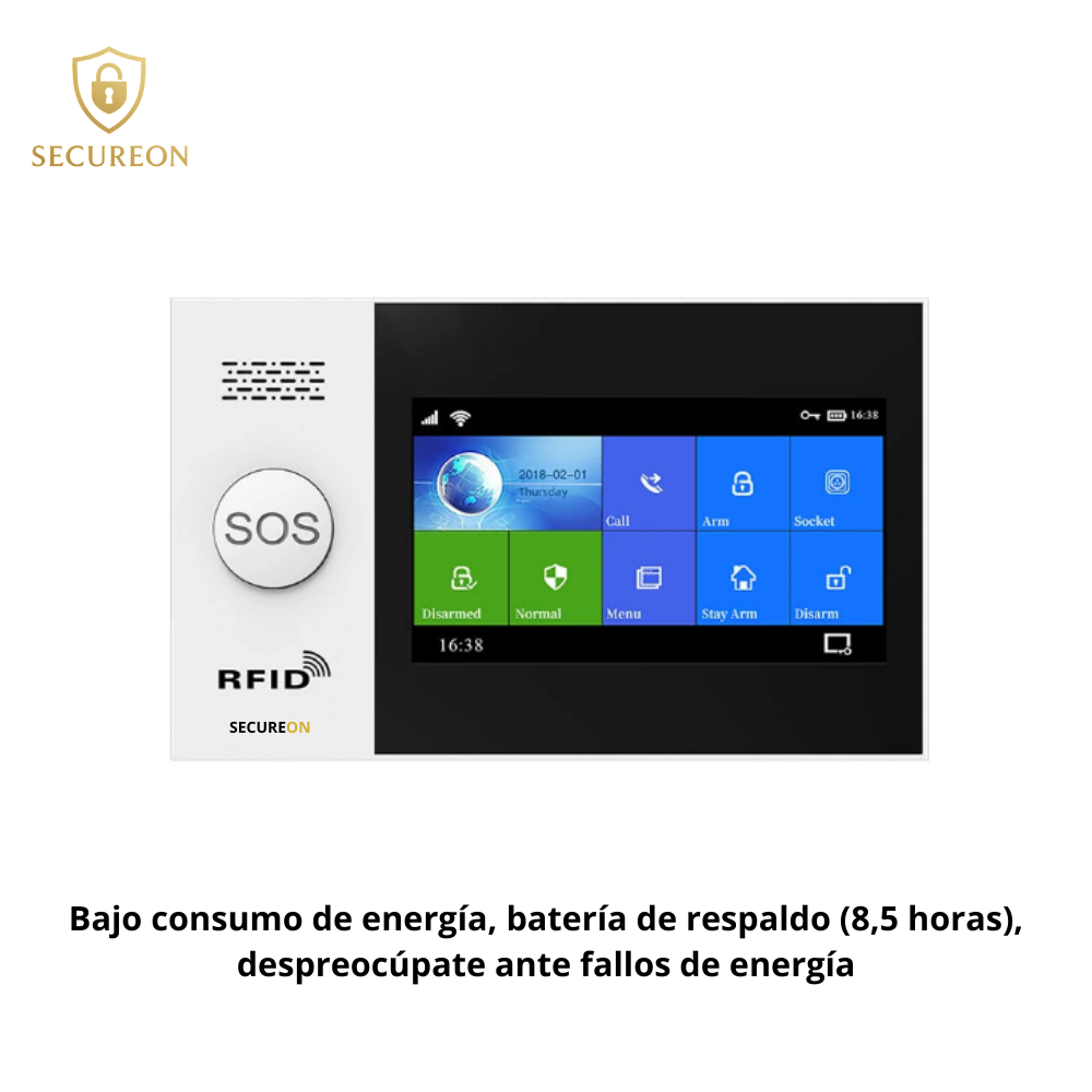 SECUREON CORE I Alarma inteligente con pantalla de 4.3 pulgadas, WIFI, GSM, seguridad para el hogar con sensor de movimiento PIR.