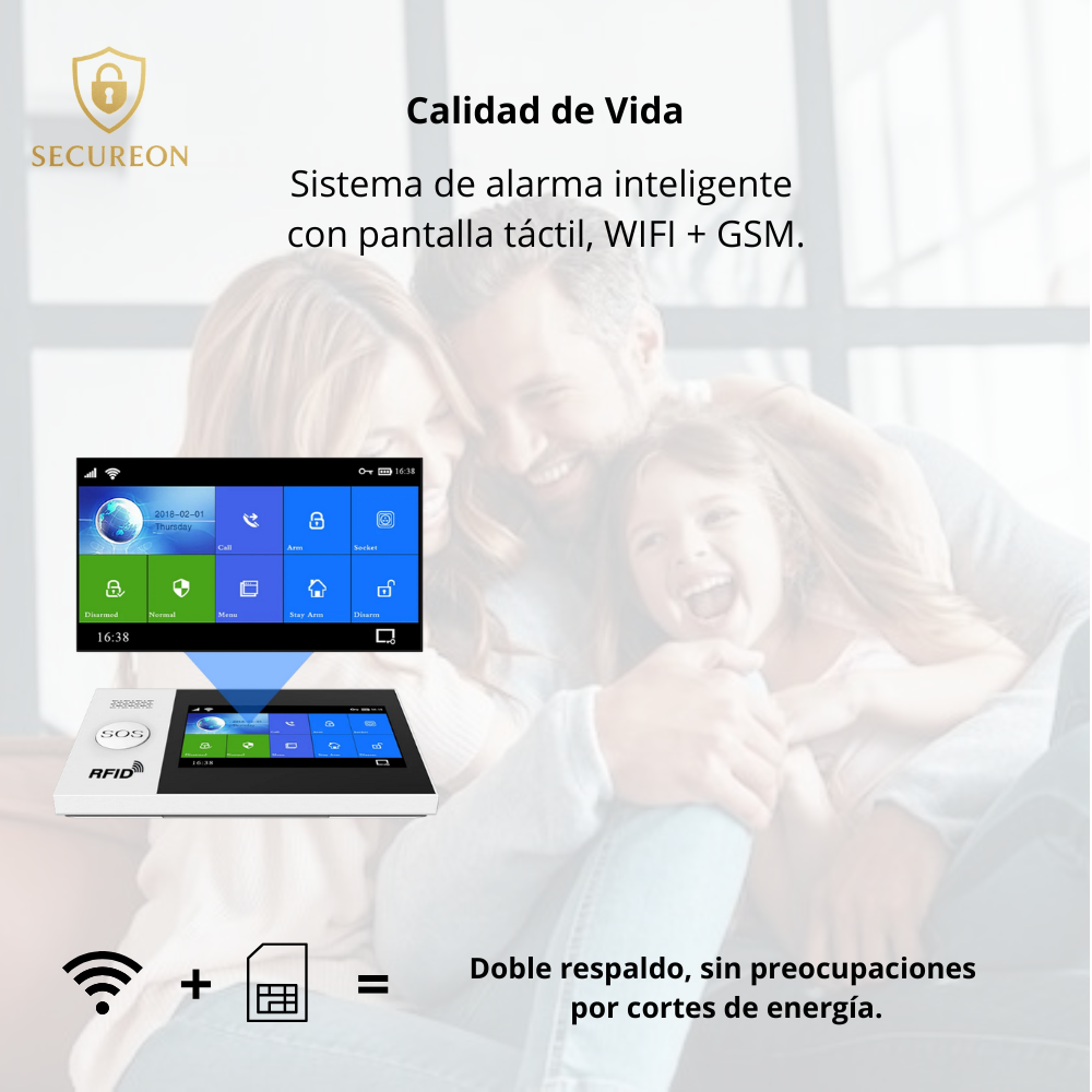 SECUREON CORE I Alarma inteligente con pantalla de 4.3 pulgadas, WIFI, GSM, seguridad para el hogar con sensor de movimiento PIR.